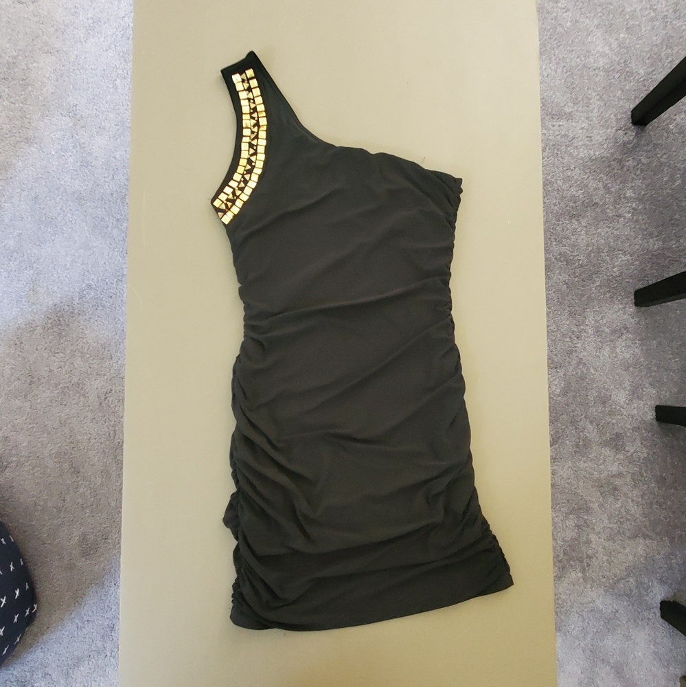 One shoulder black bodycon dress with stud detail